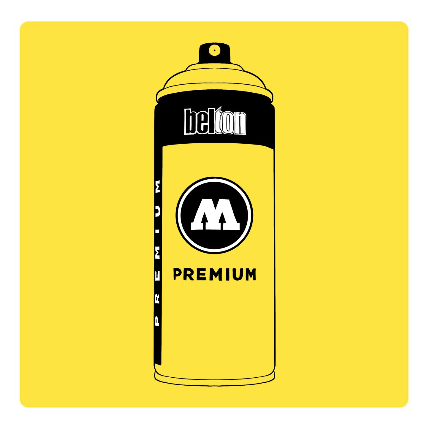 A black outline drawing of a lemon yellow spray paint can with the words "belton","premium" and the letter"M" written on the face in black and white font. The background is a color swatch of the same lemon yellow with a white border.