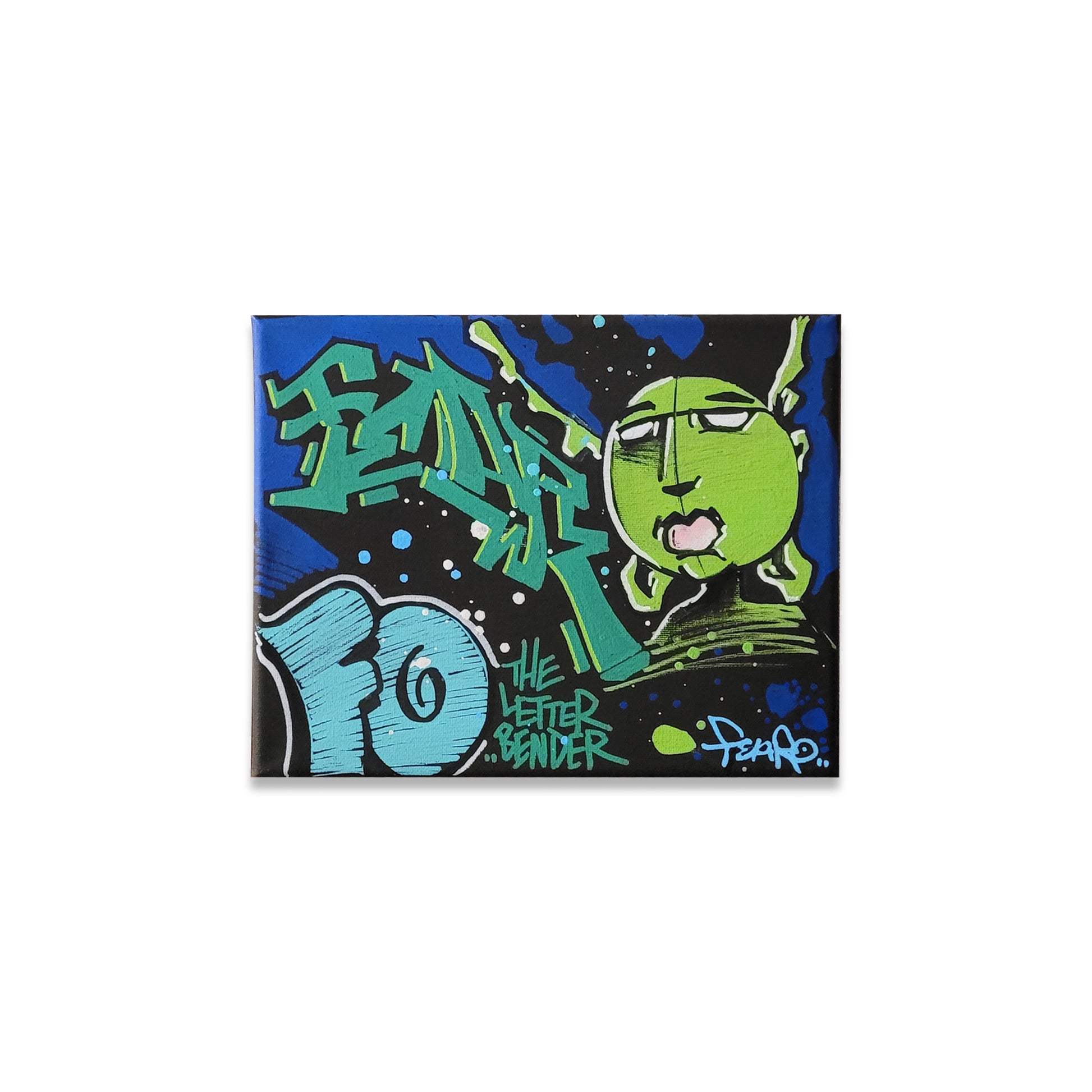 Painted canvas with graffiti style letters reading fear with green character