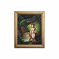 Framed painting of an aztec woman with a panther in a jungle setting.