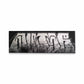 A black and chrome painting of blocky graffiti letters on a white background.