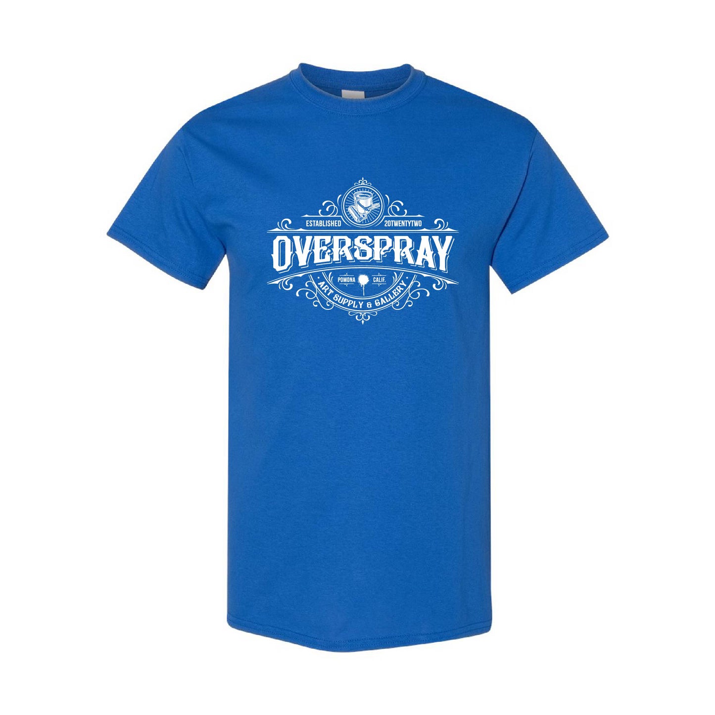 mens blue shirt with a white overspray logo chest print
