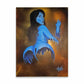 Painting of a blue woman spray painting with a smokey background.