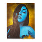 Paitnting of a blue woman melting on a yellow background.