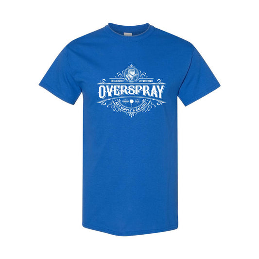 mens blue shirt with a white overspray logo chest print