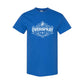 mens blue shirt with a white overspray logo chest print
