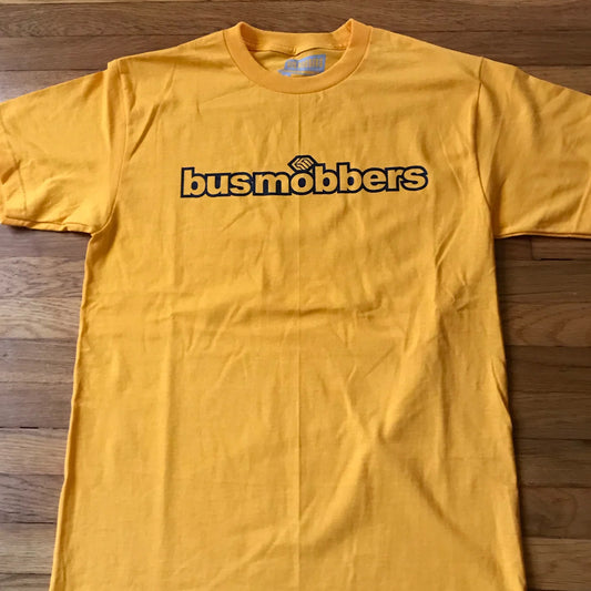 Yellow Bus mobber "standard" t-shirt with a bus mobber type black print on the front chest area.