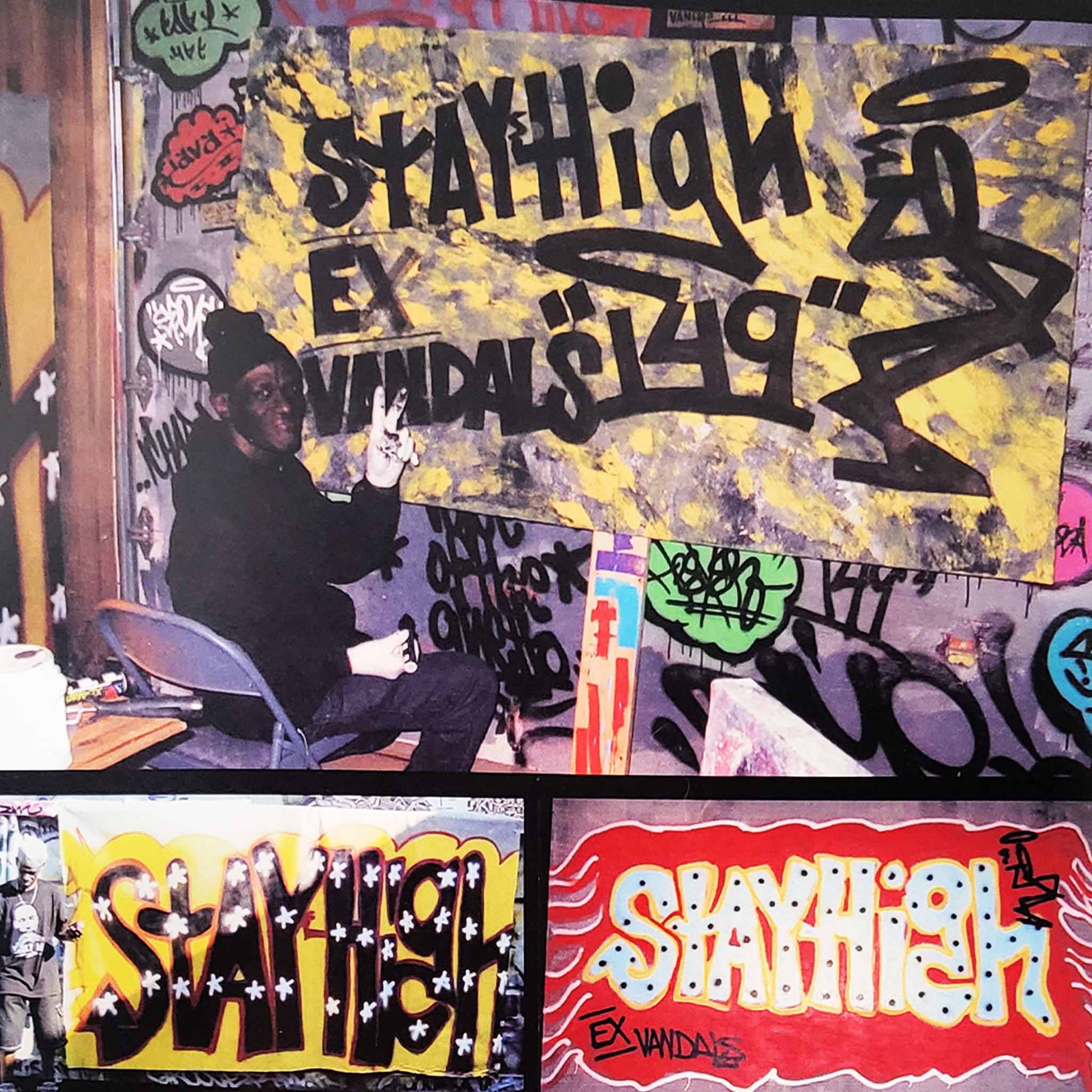 Graffiti art with the word 'STAY HIGH 149' and various tags on a colorful background.