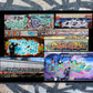 Collage of various graffiti artworks on walls and train cars.