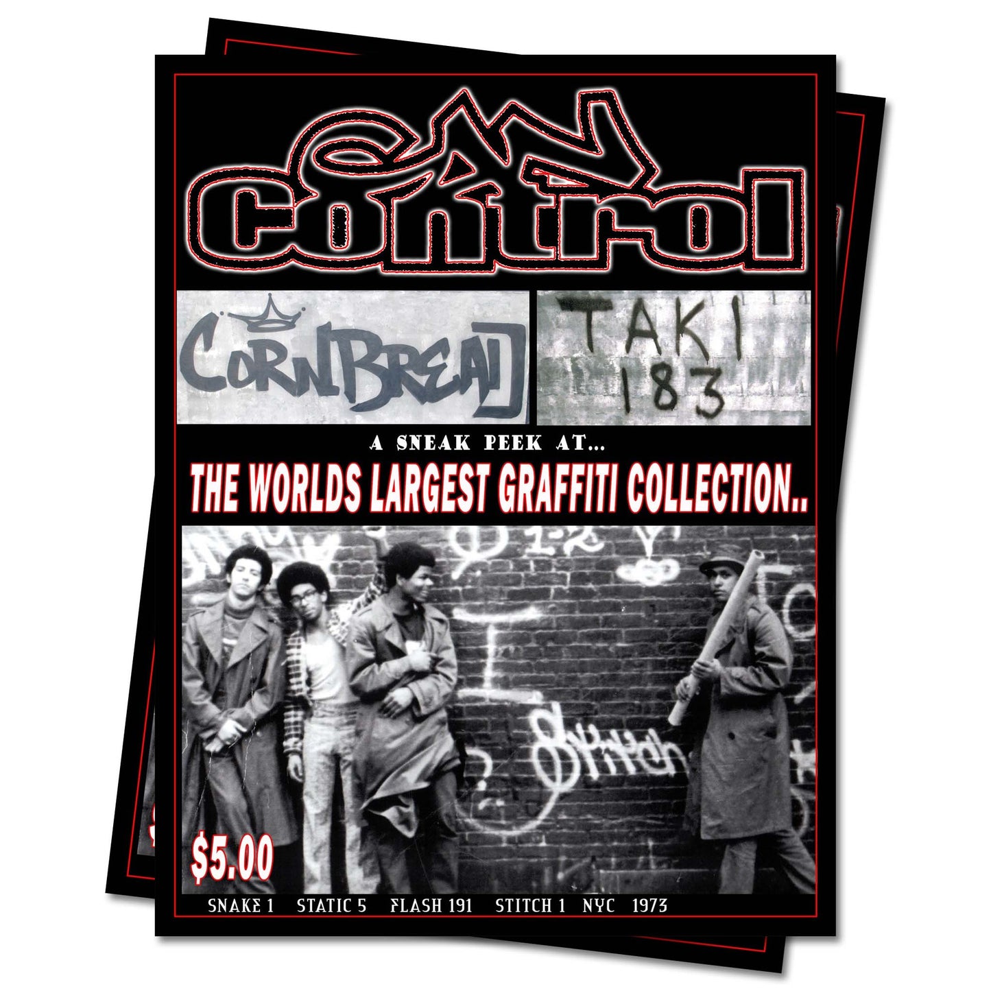 A black and white magazine cover "Can Control - The world's largest graffiti collection" with images of old taggers.