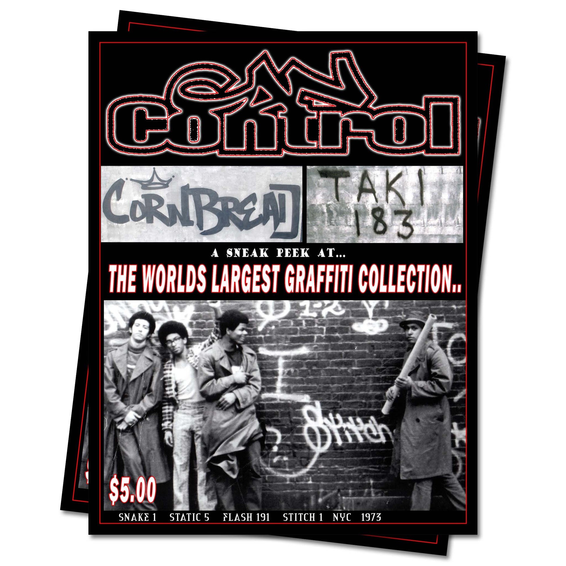 A black and white magazine cover "Can Control - The world's largest graffiti collection" with images of old taggers.