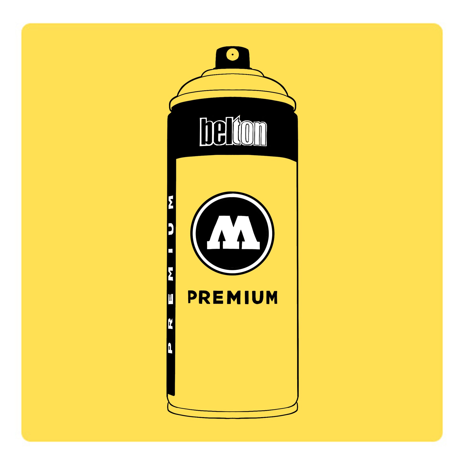 A black outline drawing of a pastel yellow spray paint can with the words "belton","premium" and the letter"M" written on the face in black and white font. The background is a color swatch of the same pastel yellow with a white border.