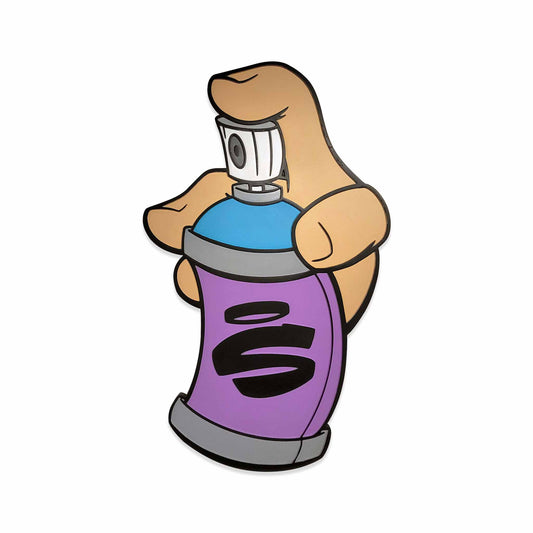 Cut out of a painted hand holding an aerosol can.