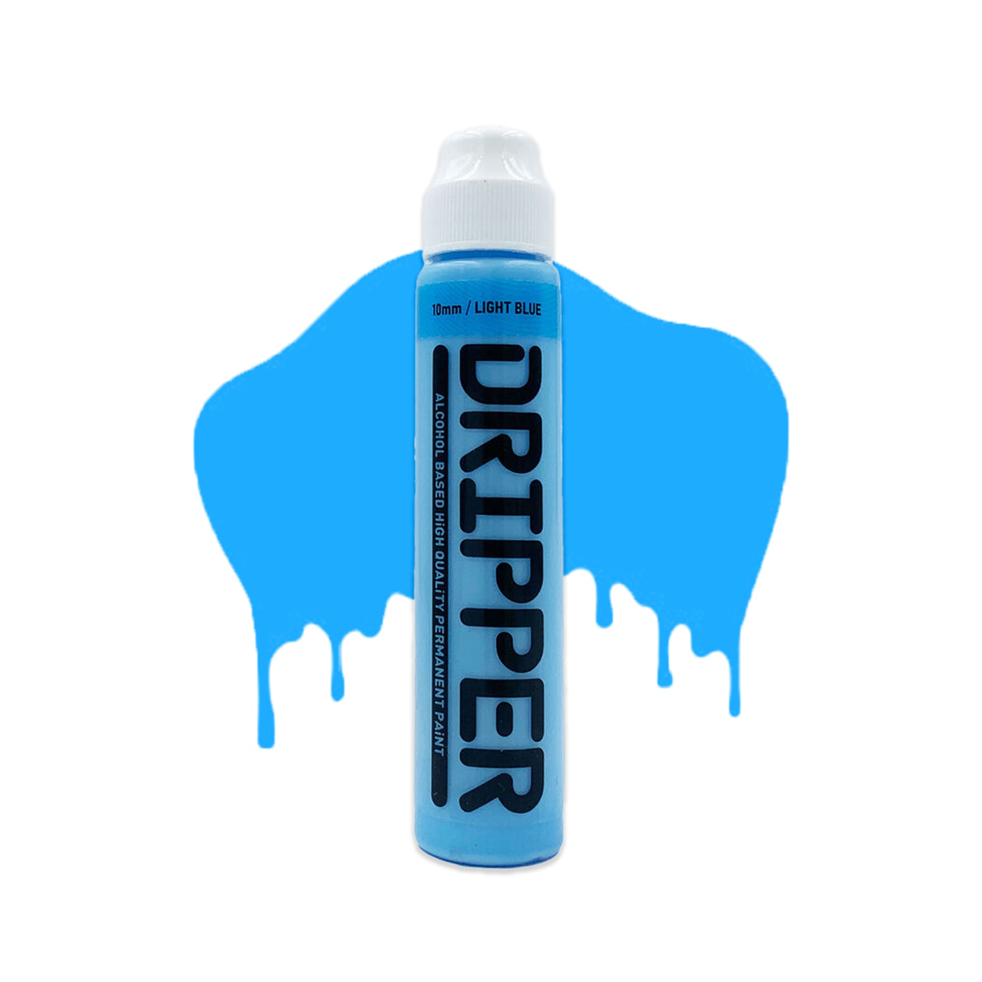 Light Blue mop container with white cap and the word "Dripper" written on the face in a bold black font. The mop is positioned in front of a white background with drips that match the light blue color of the mop.