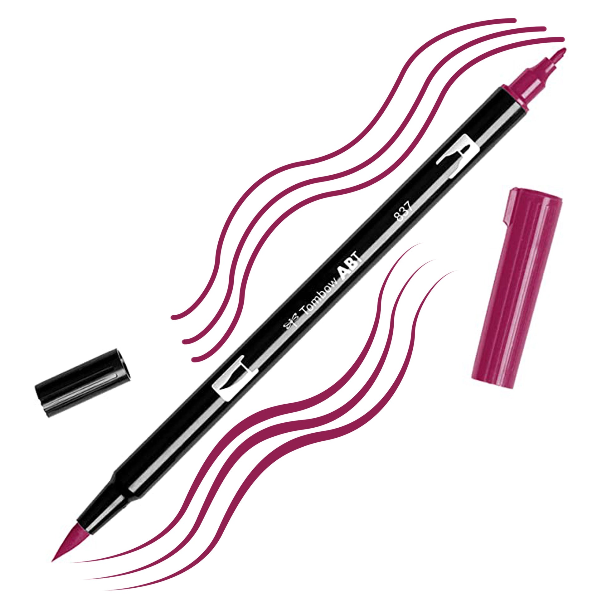 Wine red Tombow double-headed brush-pen with a flexible nylon fiber brush tip and a fine tip against a white background with wine red strokes