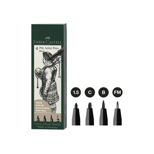 4 pack of Faber Castell Black 1.5mm,chiseled,brush and fine marker set