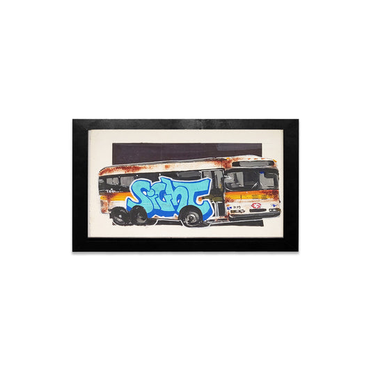 Framed artwork of a bus with graffiti-style text on a white background.