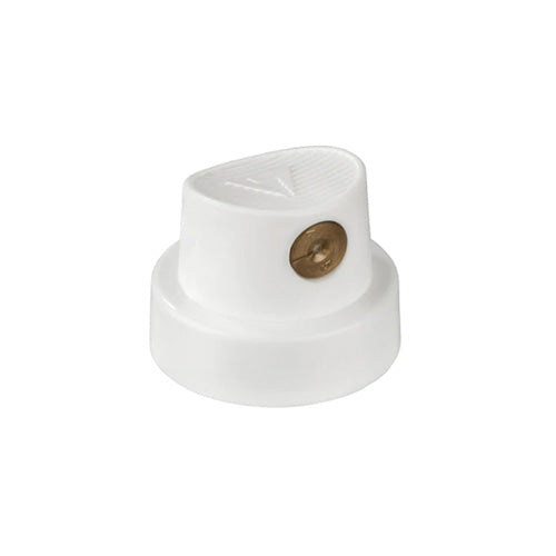 A white spray paint cap . The center of the cap (around the output hole) has a solid gold circle.