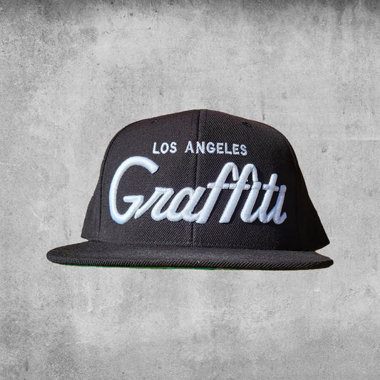 black cap with "los Angeles Graffiti" embroidered in white