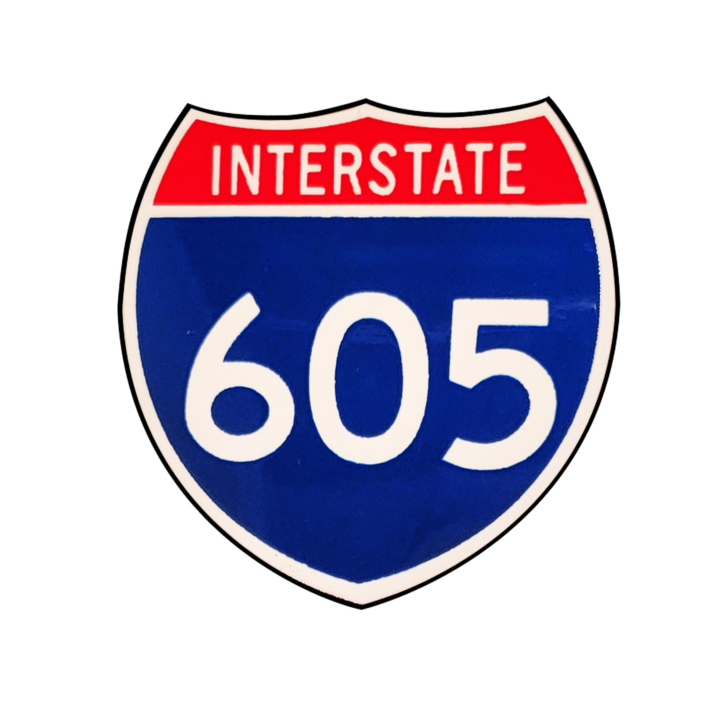 Red and blue 605 pin with a white font.