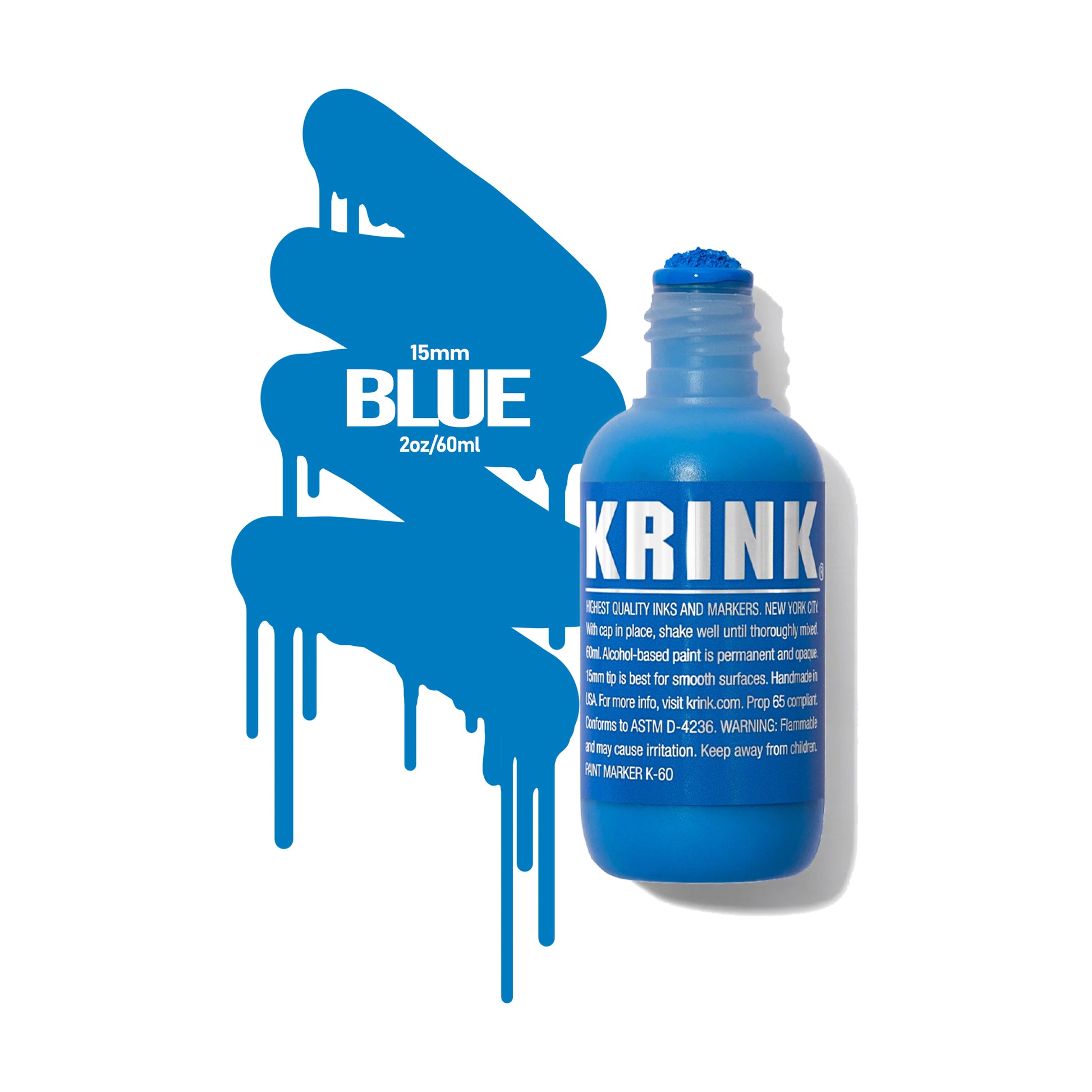 A blue, short paint marker with a fabric nib with a color swatch to the left that reads "KRINK - Blue - 15mm"