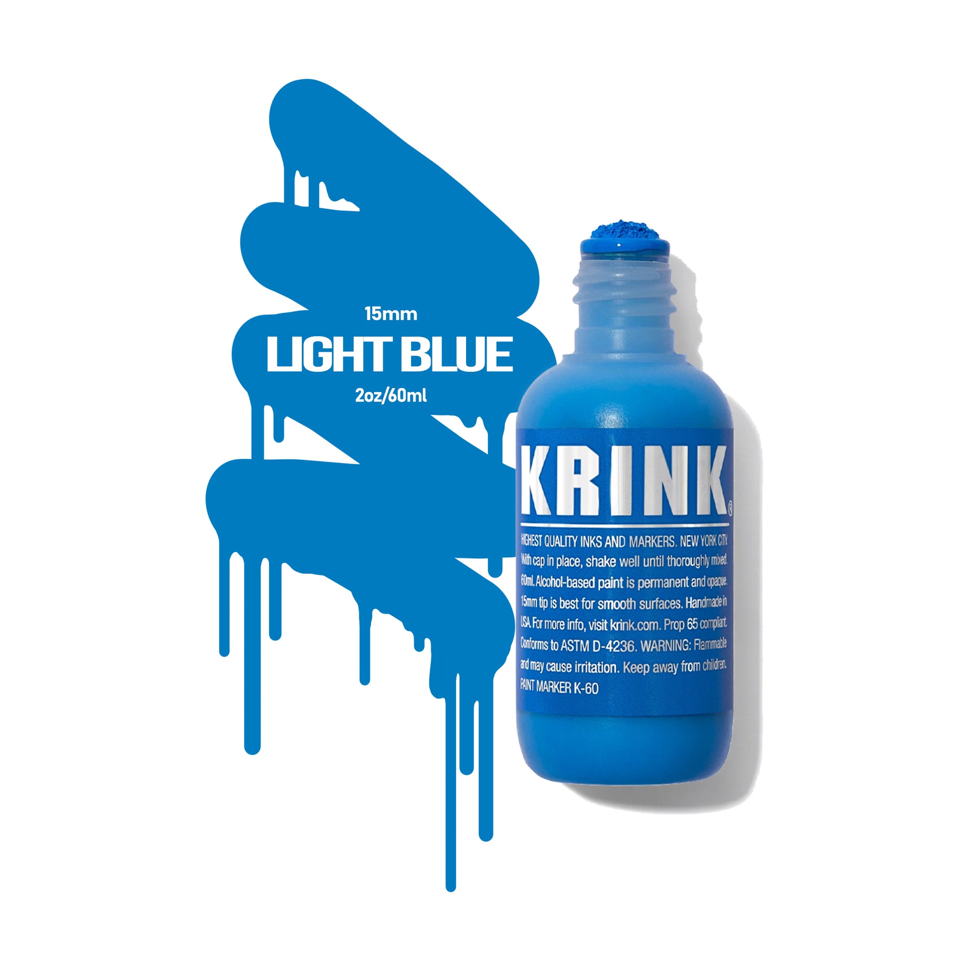 A light blue, short paint marker with a fabric nib with a color swatch to the left that reads "KRINK - Light Blue - 15mm"