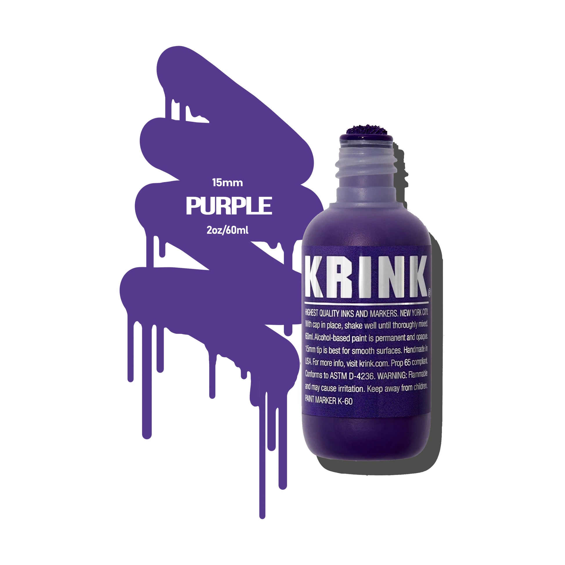 A purple, short paint marker with a fabric nib with a color swatch to the left that reads "KRINK - Purple - 15mm"