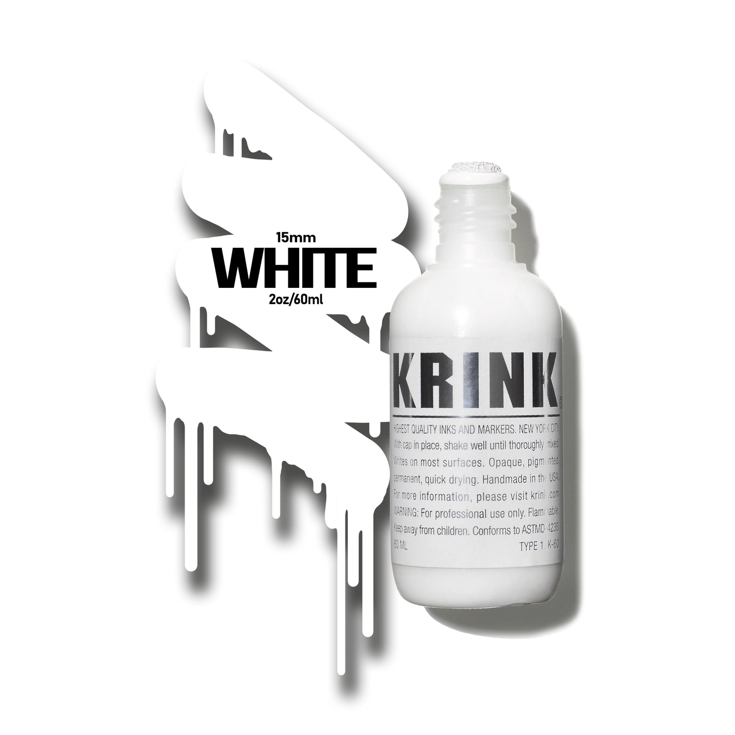A white, short paint marker with a fabric nib with a color swatch to the left that reads "KRINK - white - 15mm"