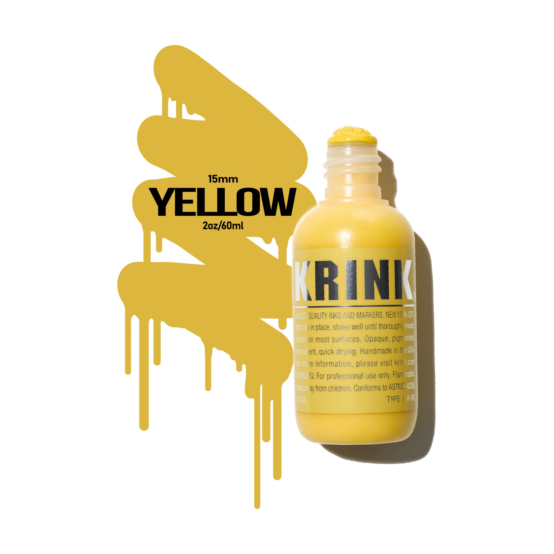 A yellow, short paint marker with a fabric nib with a color swatch to the left that reads "KRINK - Yellow - 15mm"