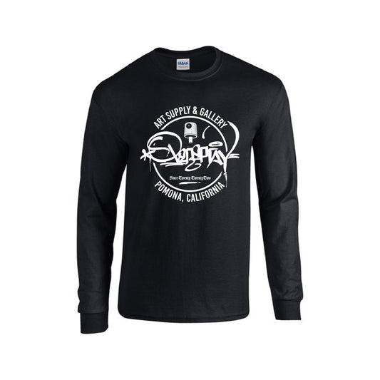 mens black long sleeve t-shirt with white overspray tag logo print