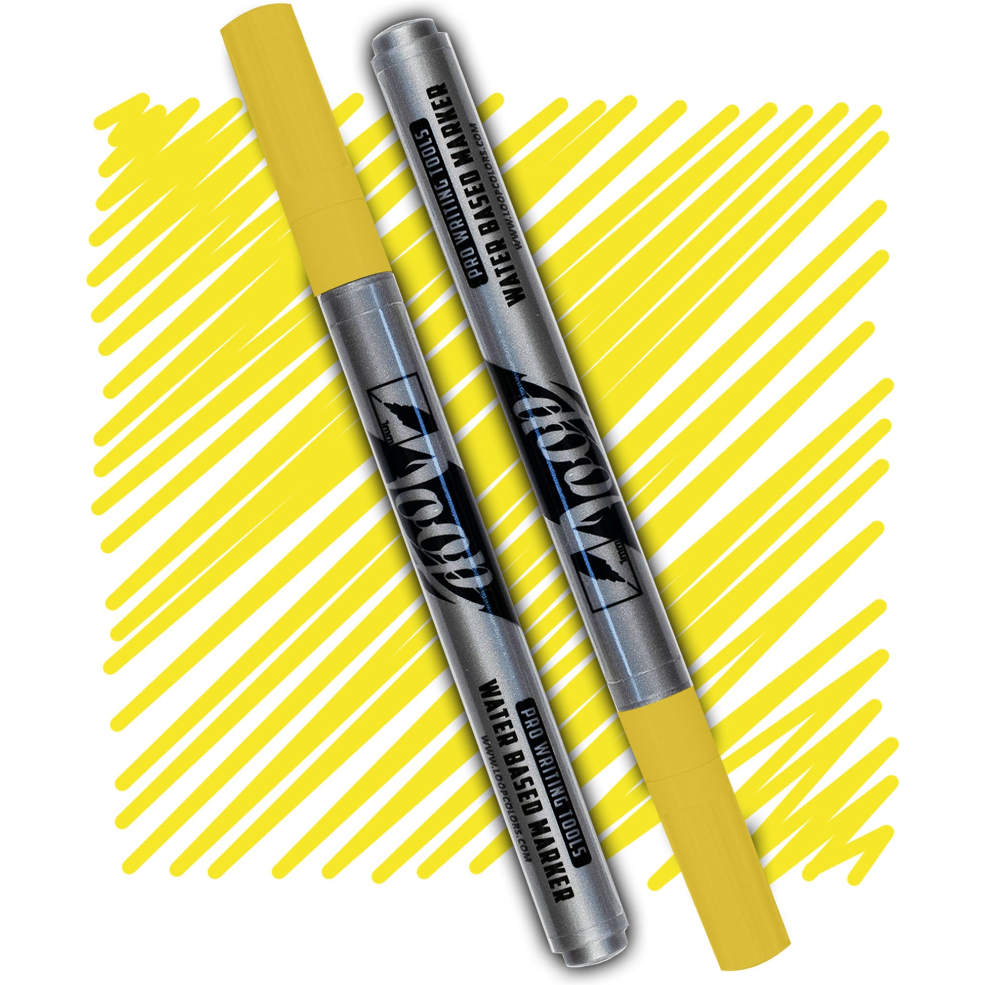 loop marker with a yellow cap ,grey body and black text on a yellow swatch
