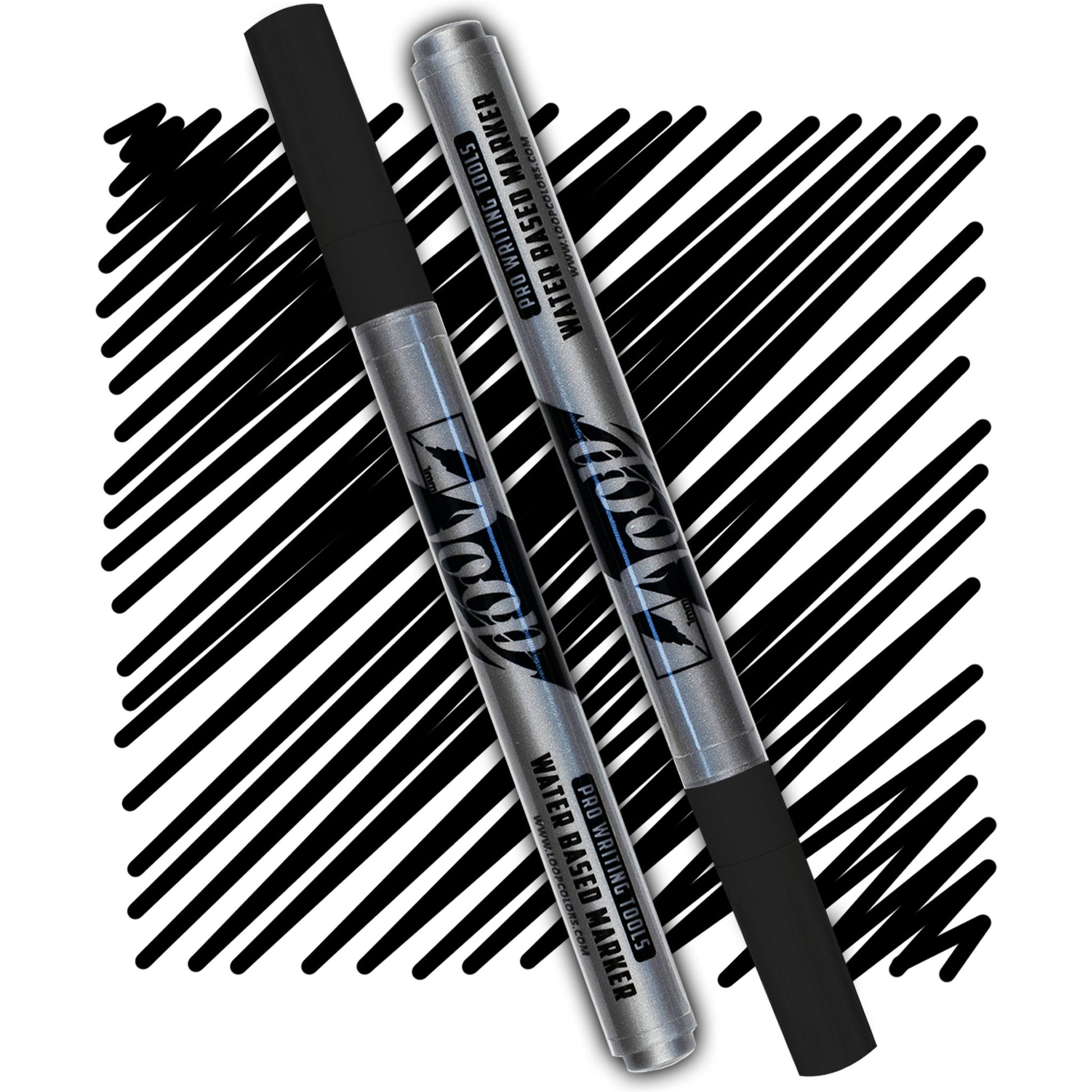 loop marker with a black cap ,grey body and black text on a black swatch