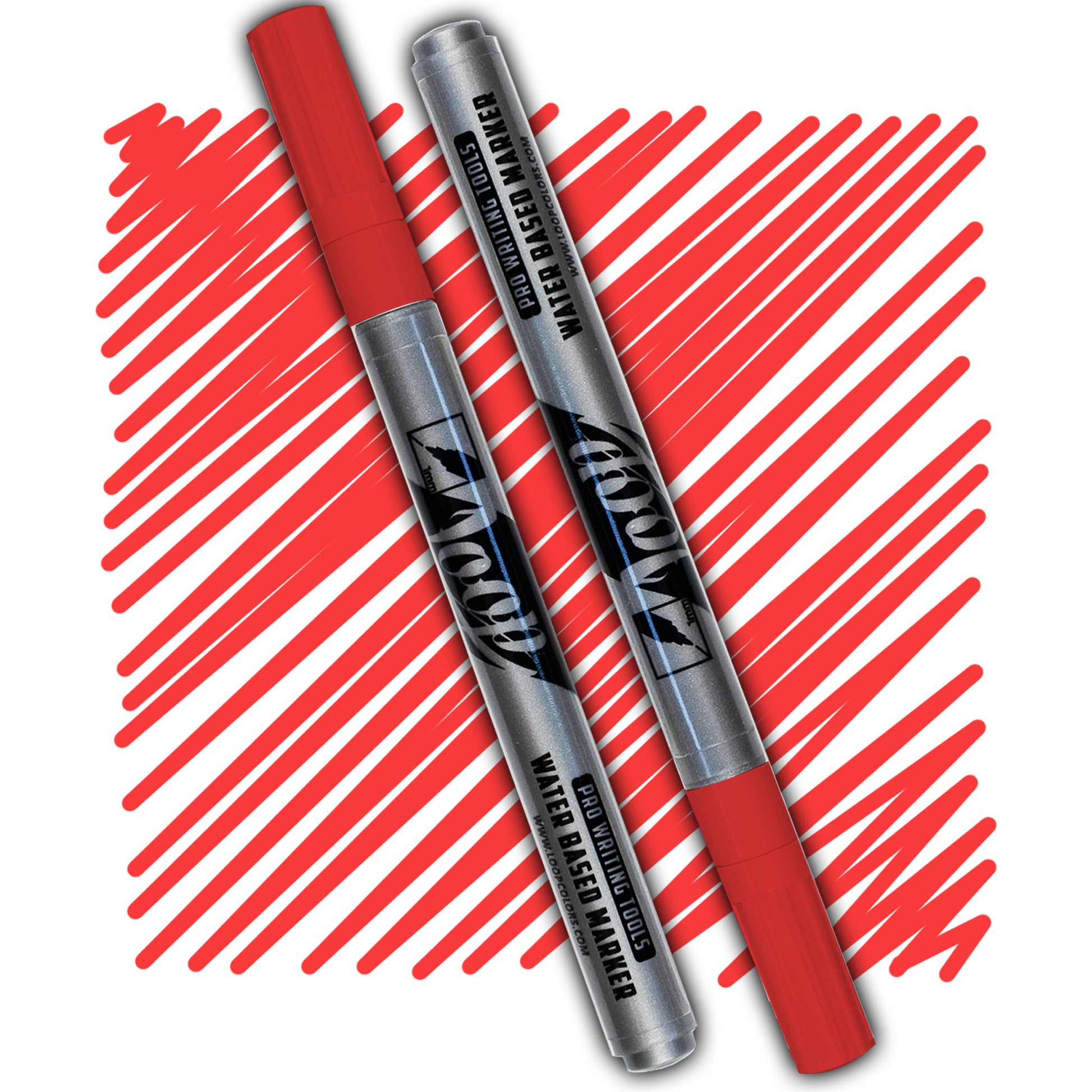 loop marker with a red cap ,grey body and black text on a red swatch