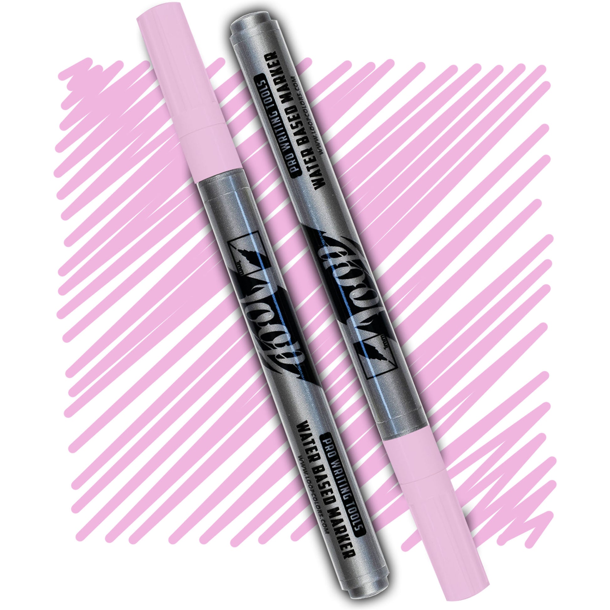 loop marker with a light pink cap ,grey body and black text on a light pink swatch      