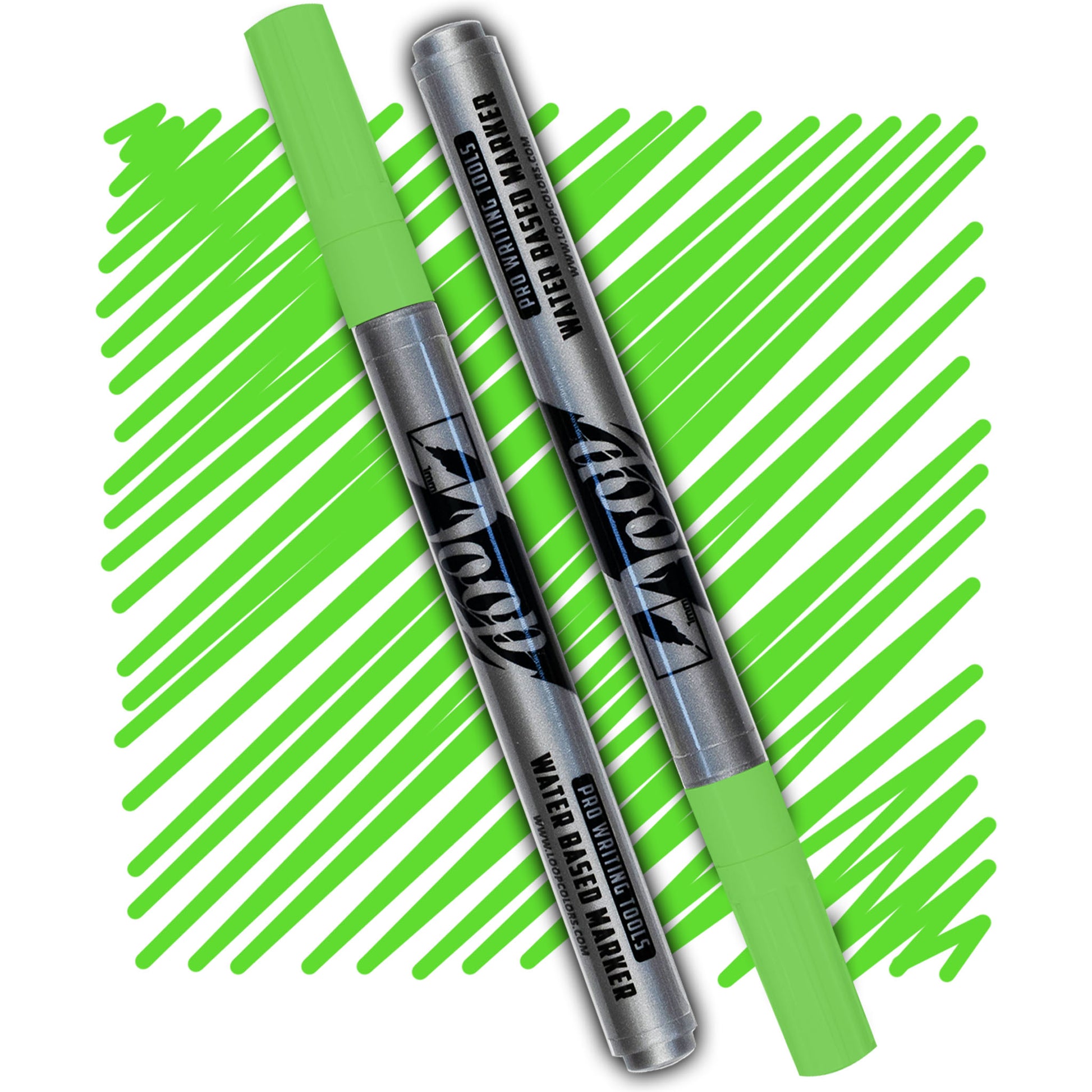 loop marker with a lime green cap ,grey body and black text on a lime green swatch