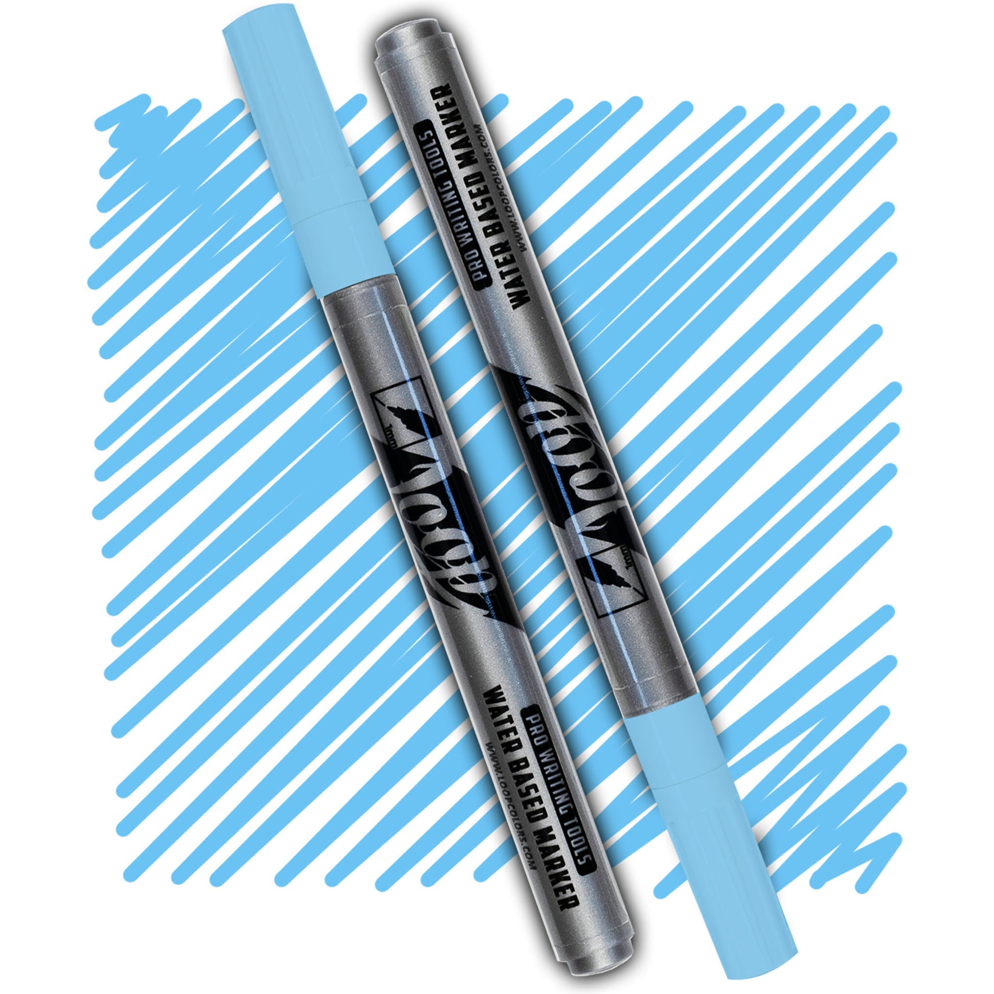 loop marker with a light blue cap ,grey body and black text on a light blue swatch