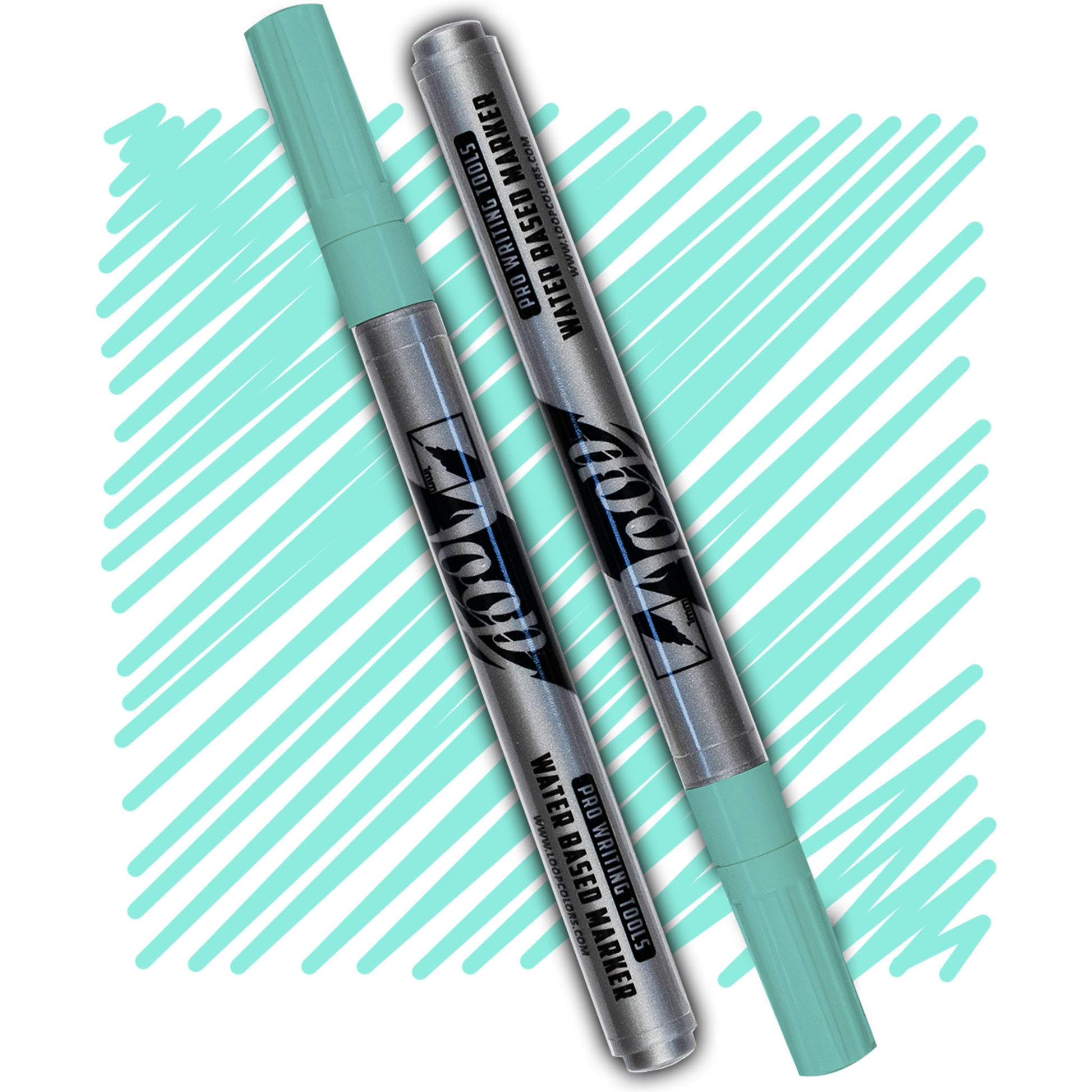 loop marker with an aqua cap ,grey body and black text on an aqua swatch
