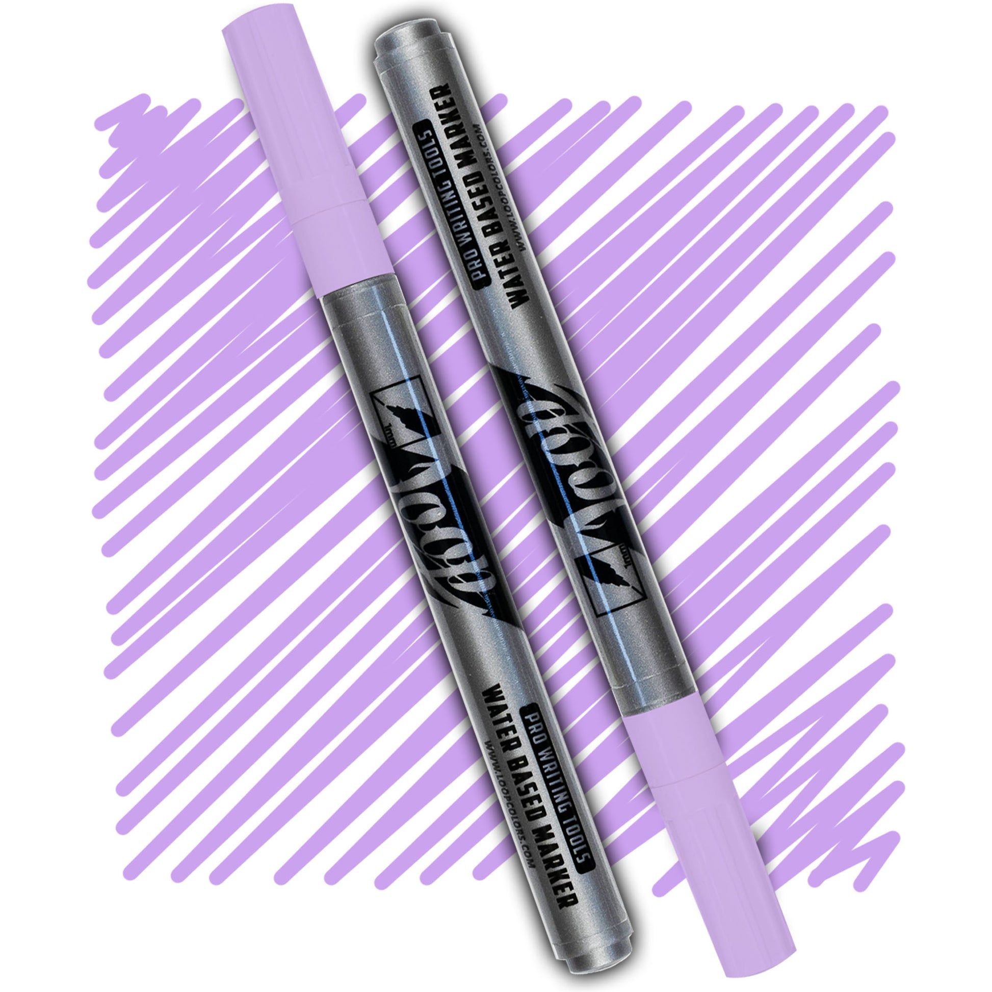 loop marker with a purple cap ,grey body and black text on a purple swatch