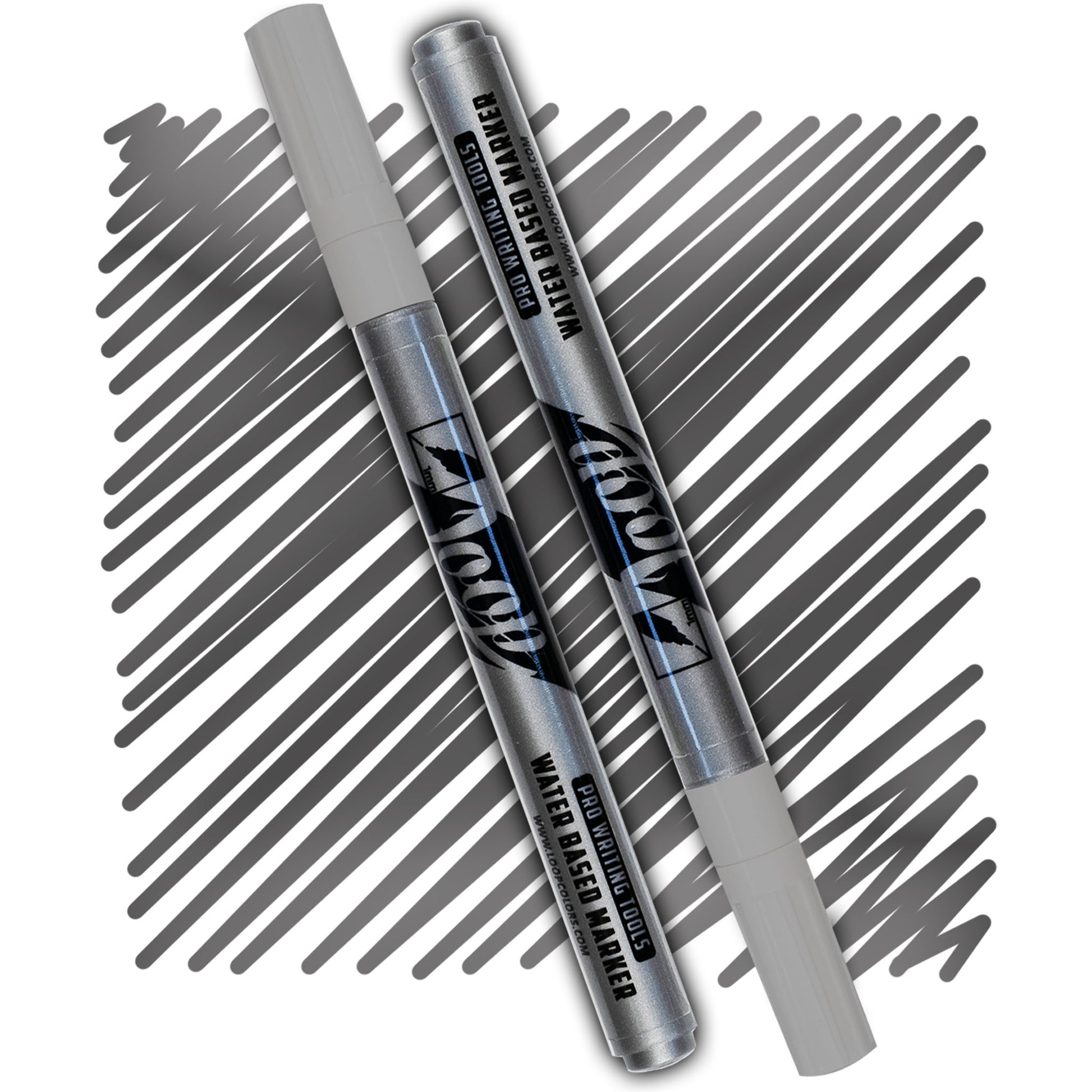 loop marker with a silver cap ,grey body and black text on a silver swatch