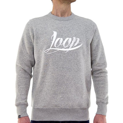 Light grey crew neck sweater with "Loop" embroidered on the chest in white