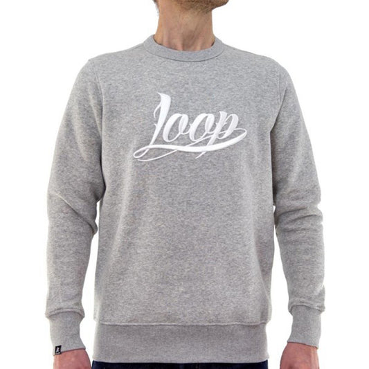 Light grey crew neck sweater with "Loop" embroidered on the chest in white