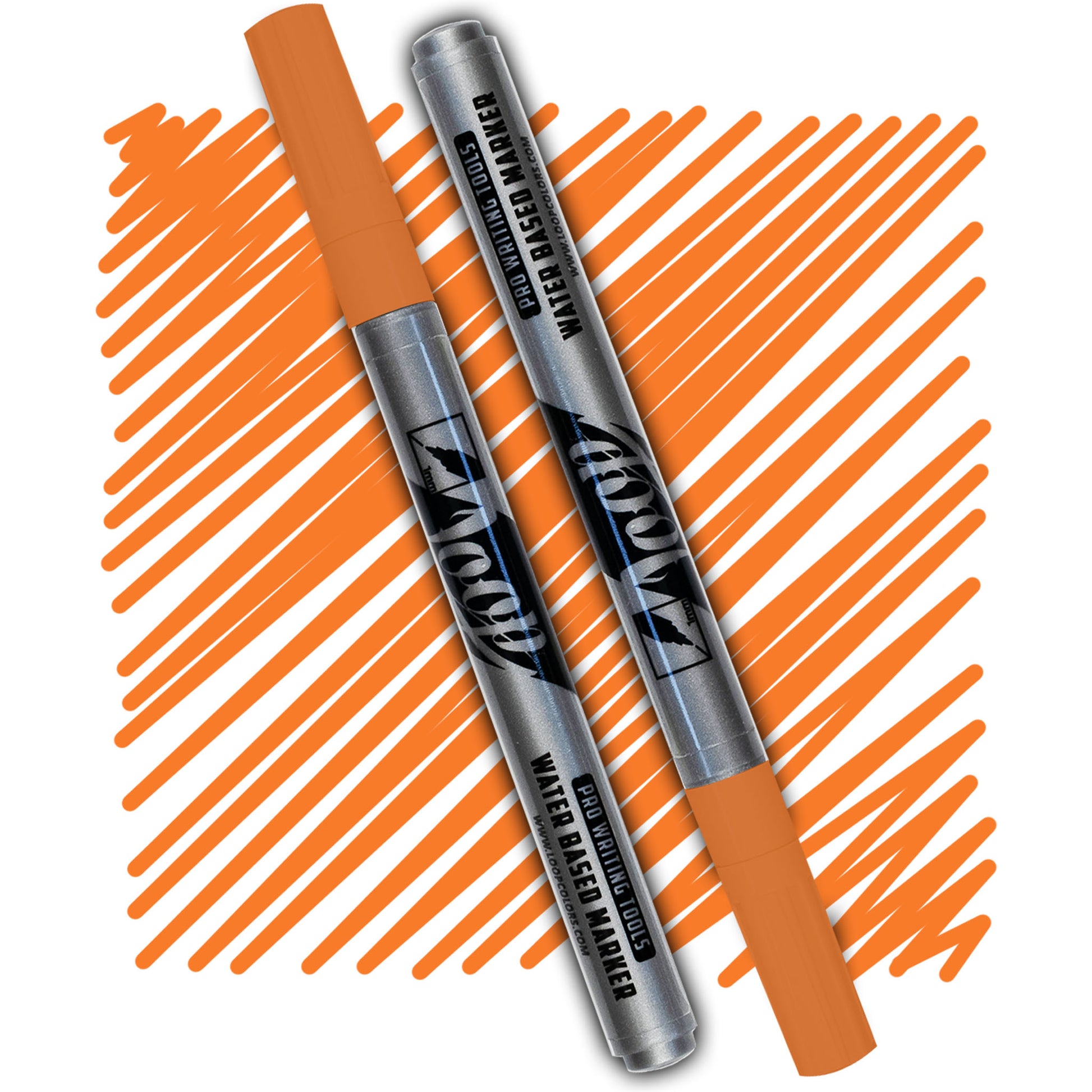loop marker with an orange cap ,grey body and black text on a orange swatch