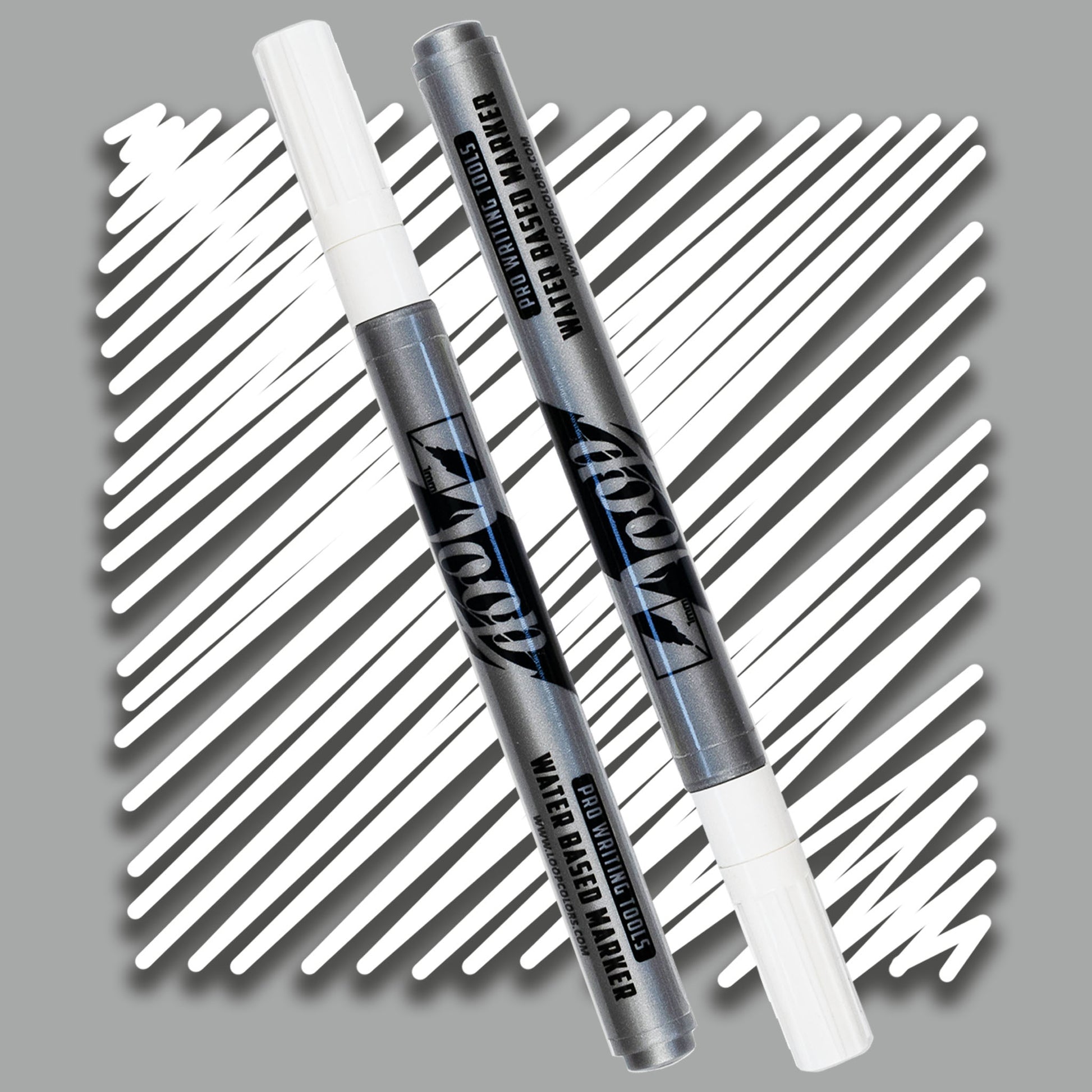loop marker with a white cap ,grey body and black text on a white swatch
