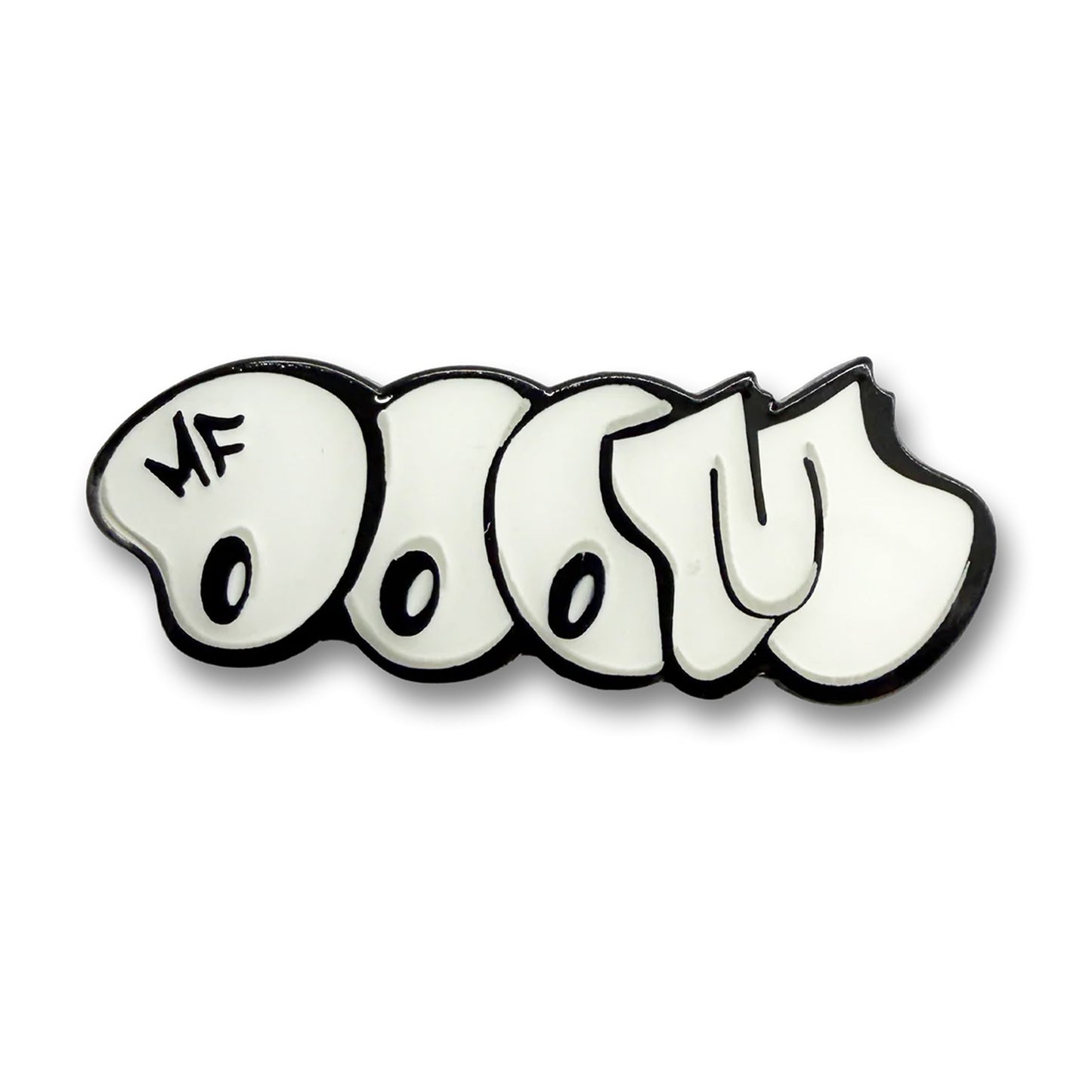 white mf doom bubble letter pin