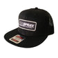 black mesh hat with a black and silver overspray icon patch