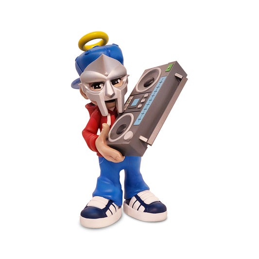 Figurine of a boy in a red hoodie and blue hat with a yellow hallow holing a boombox and wearing a glatiator mask.