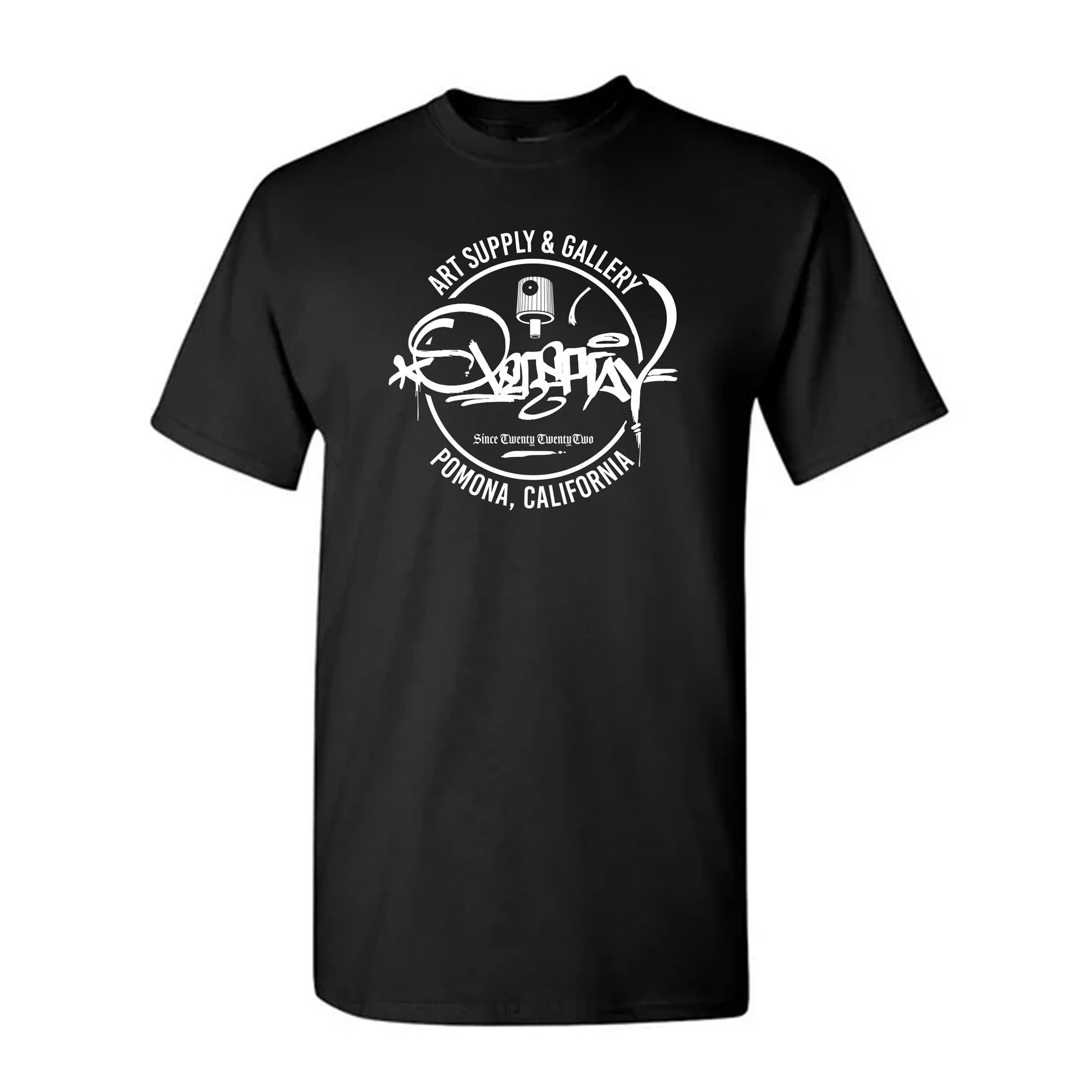 men's black short sleeve t-shirt with a white overspray tag print