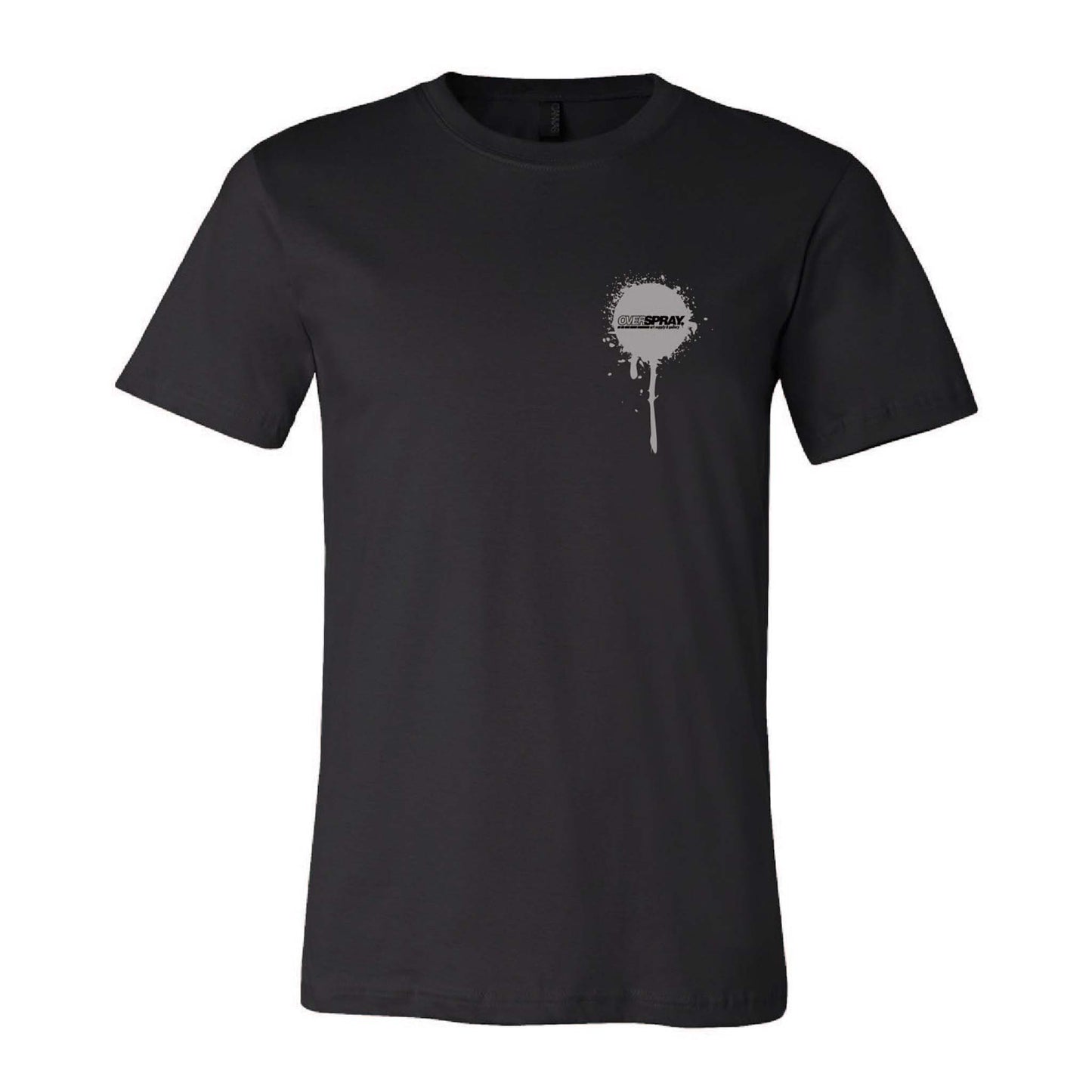black short sleeve shirt with a grey overspray icon pocket print
