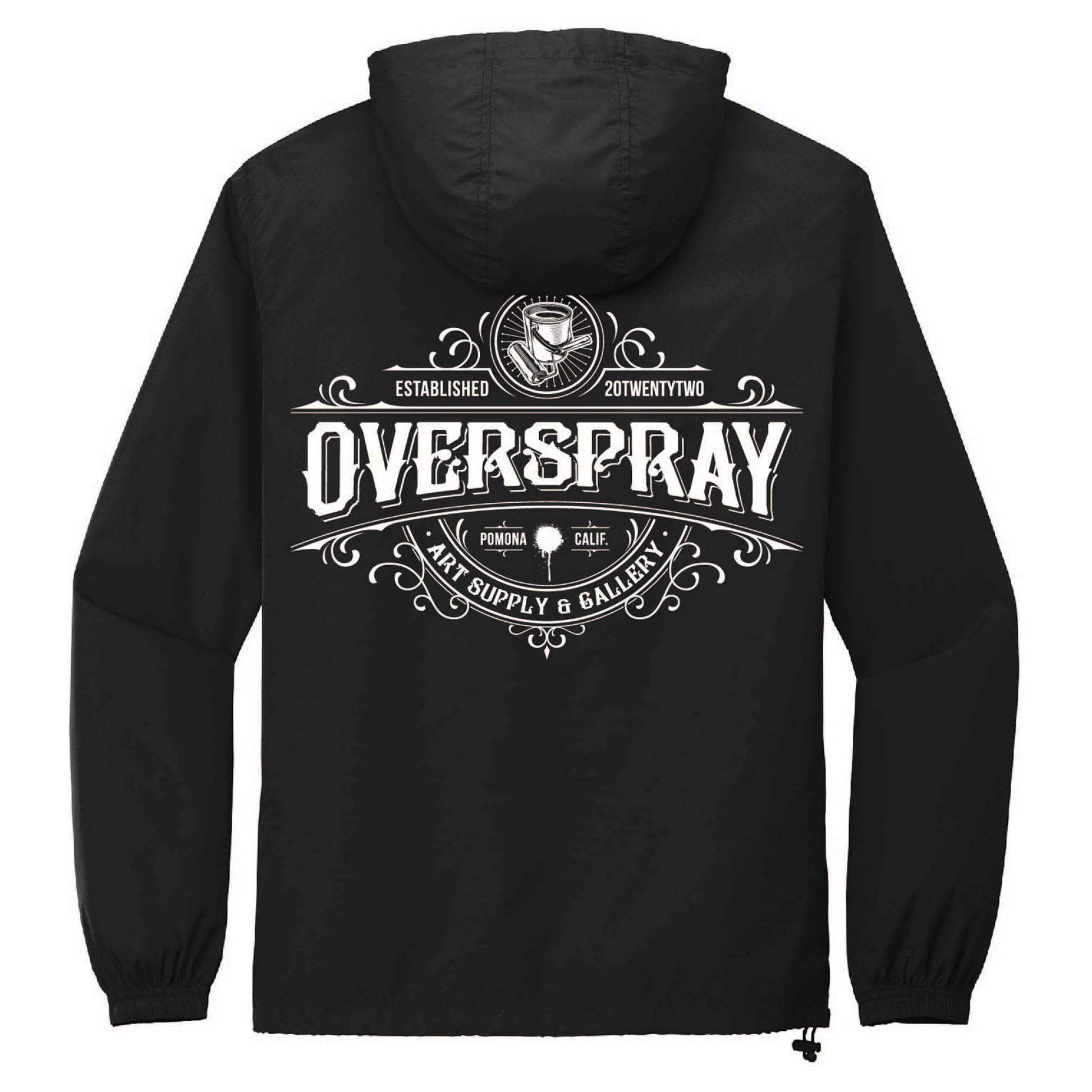 black windbreaker with a white  vintage overspray logo print