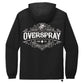 black windbreaker with a white  vintage overspray logo print