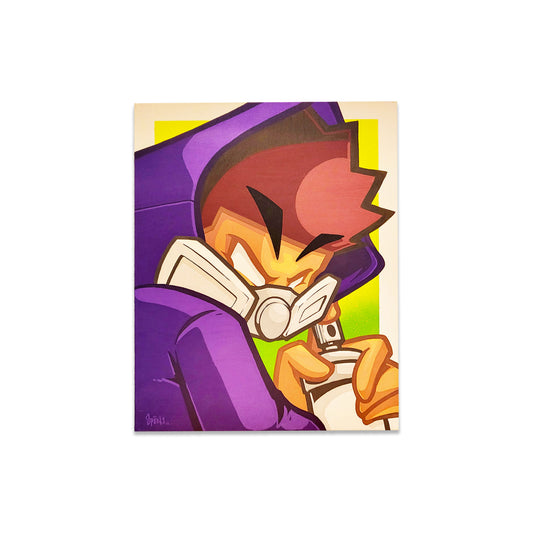 Cartoon graffiti character in a purple outfit, holding a spray can with a resparator and yellow background.